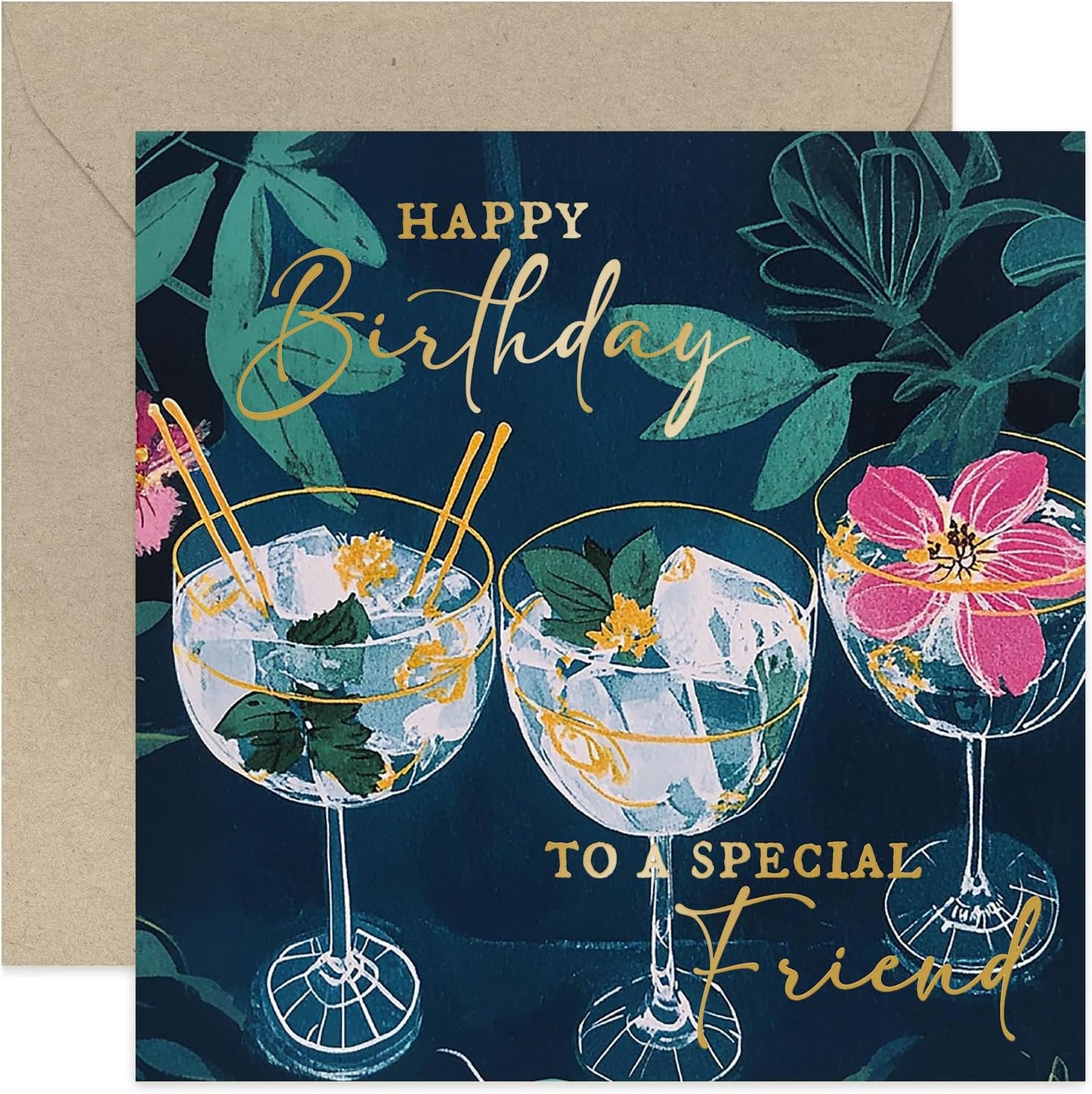 Stylish Gold Foil Friend Birthday Card - Cocktails & Flowers - For Her