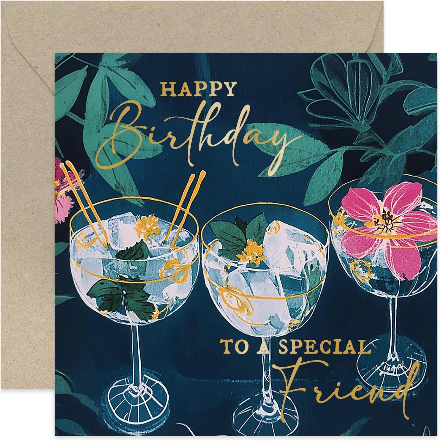 Stylish Gold Foil Friend Birthday Card - Cocktails & Flowers - For Her