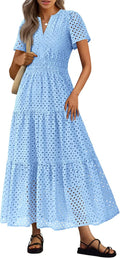 PRETTYGARDEN Womens Summer Maxi Dress - Flowy Eyelet V Neck Women's