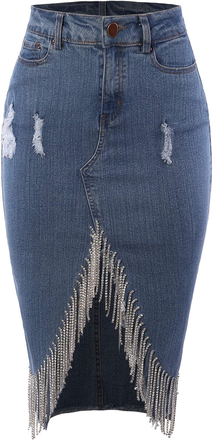 A2Y Women's Slim Fit Rayon Knee Length Denim Jean Pencil Skirt