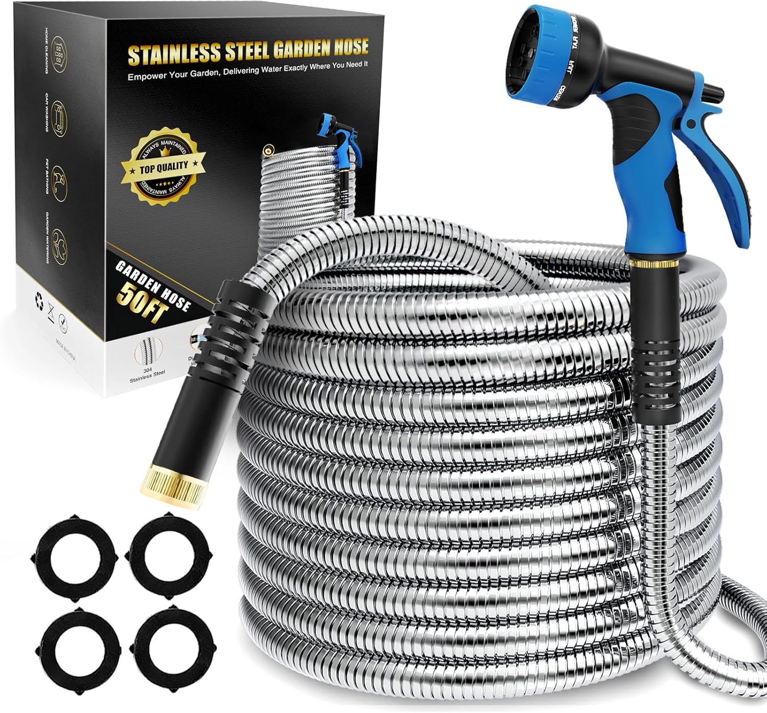 Lefree 50ft Stainless Steel Garden Hose with 10-Function Nozzle