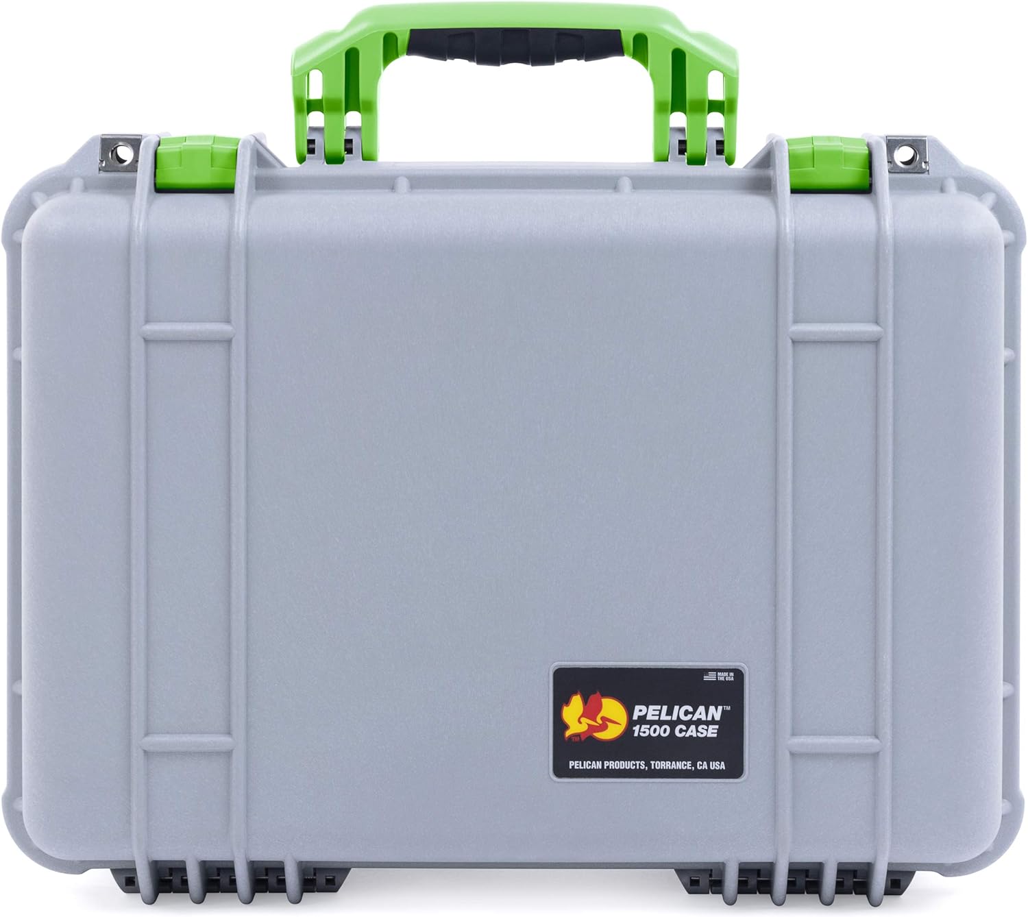 Pelican 1500 Case with Foam: Durable Silver & Lime Green Design