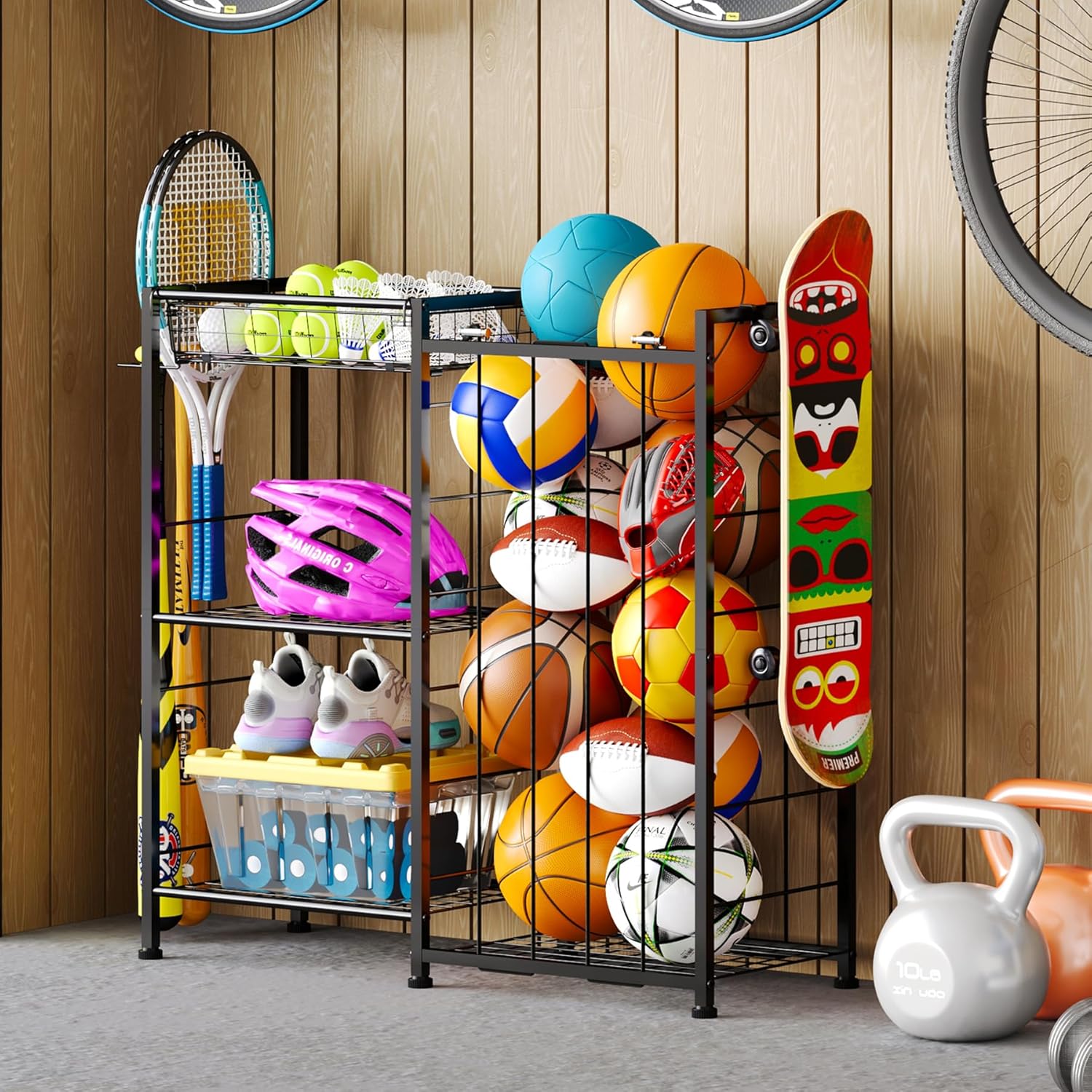 Sports Equipment Organizer with Elastic Straps for Garage Storage