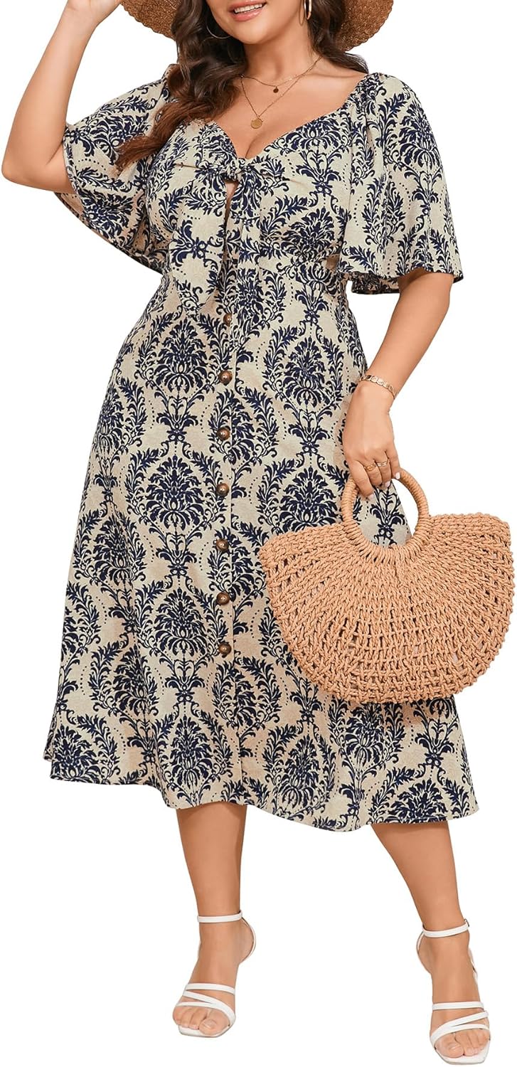 Plus Size Summer Dress with Bow Tie Deep V Neck and A-line Design