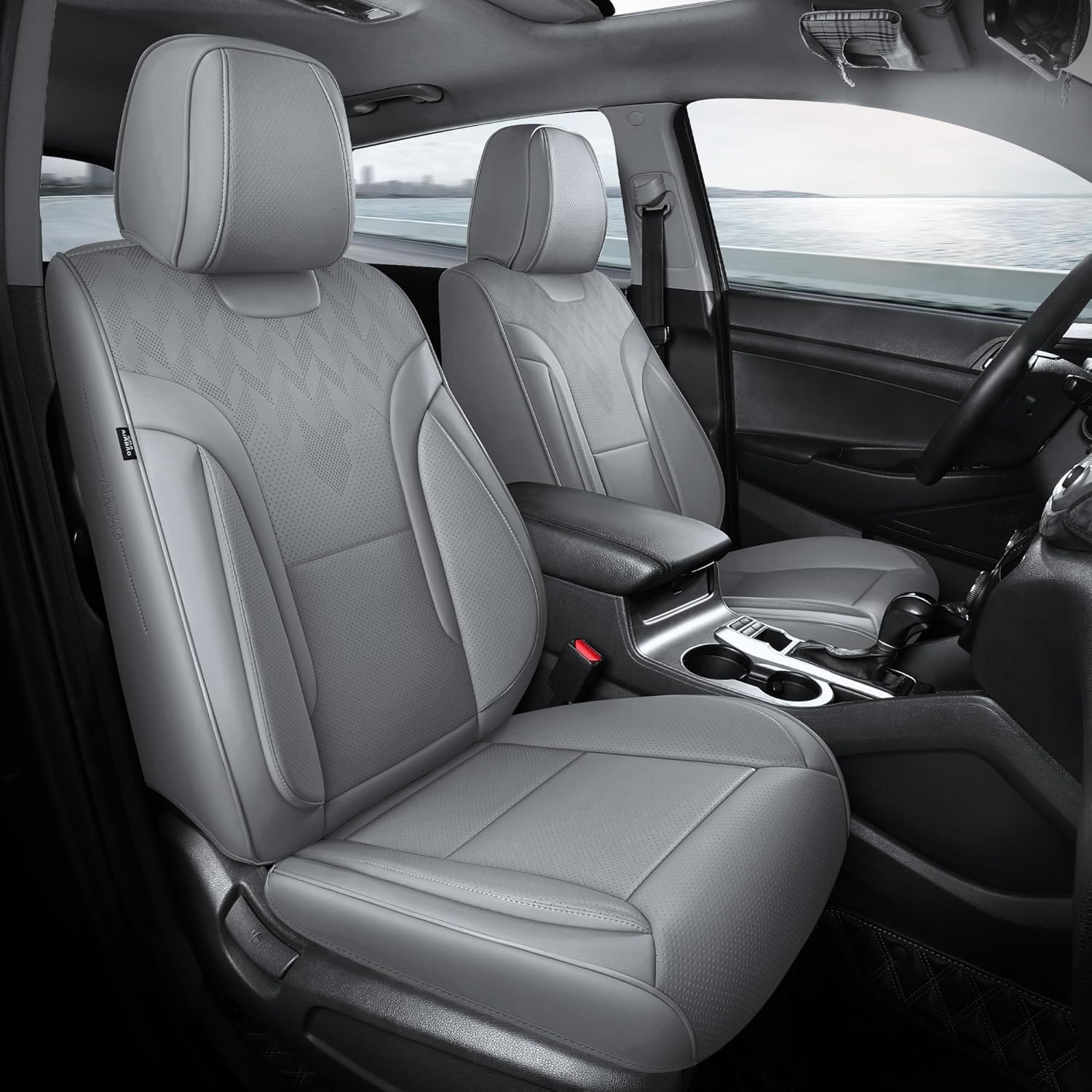 Grey Car Seat Covers Full Set - Breathable Faux Leather Comfort