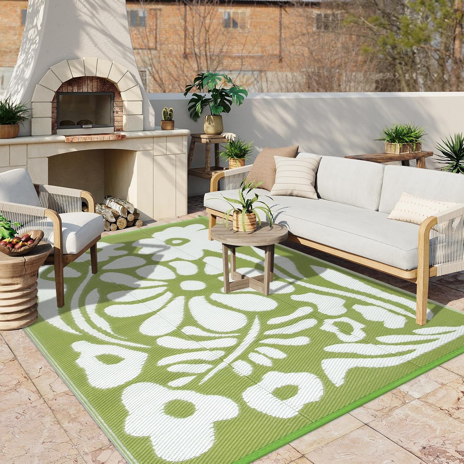 Uphome Outdoor Rugs 8x10 Waterproof Reversible Green Floral