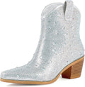 Rhinestone Cowboy Boots Glitter Chunky Heel Ankle Boots - Sparkly 0