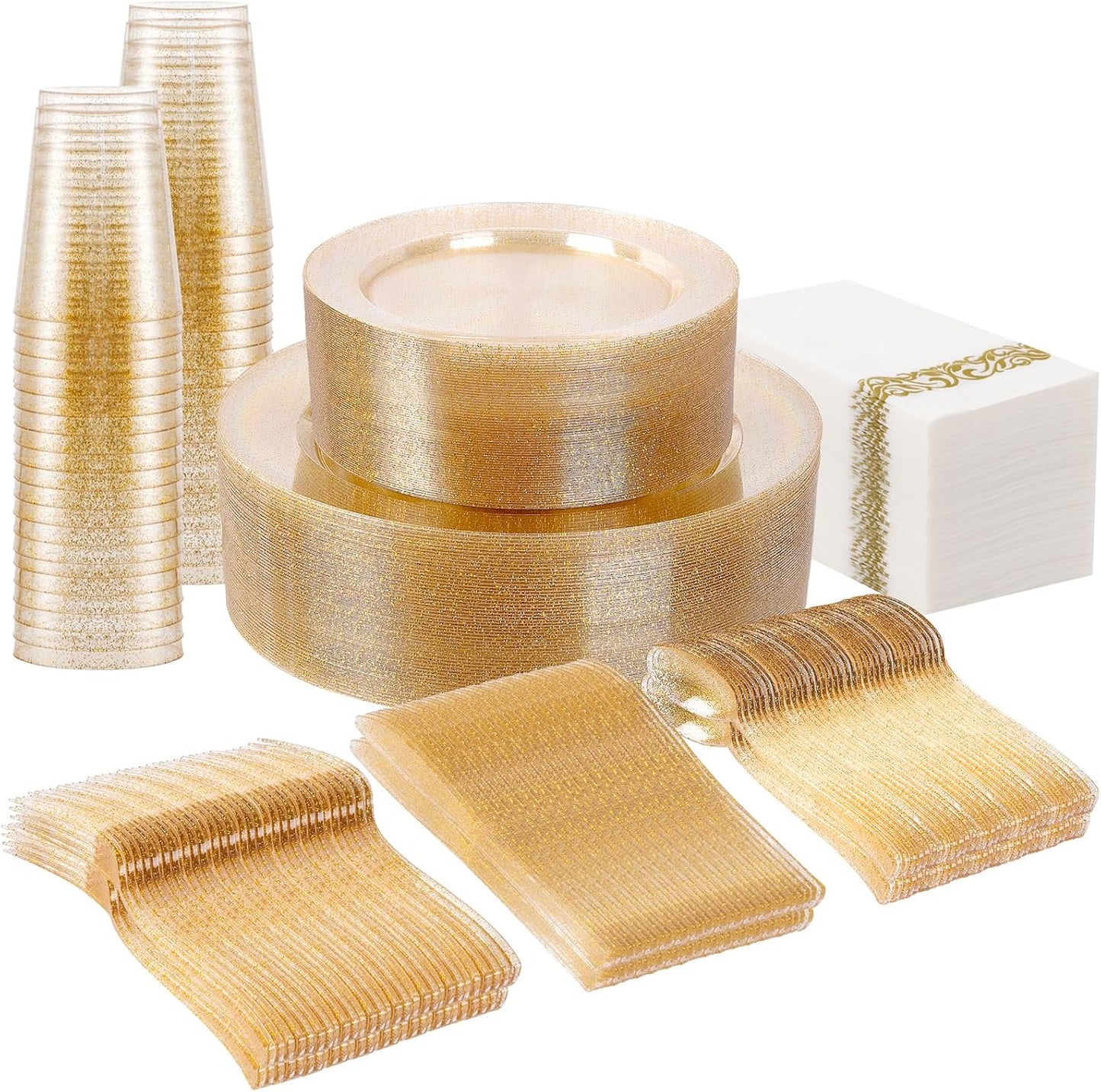 Supernal 400pcs Gold Glitter Plastic Dinnerware Set for Parties