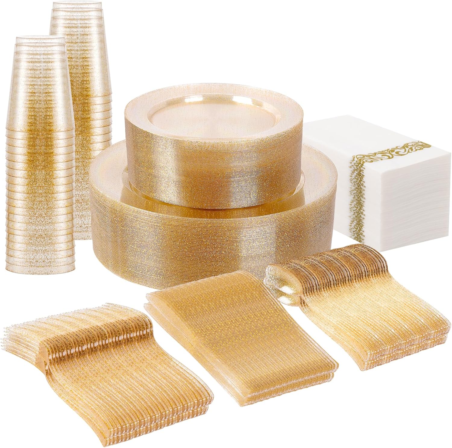 Supernal 400pcs Gold Glitter Plastic Dinnerware Set for Parties