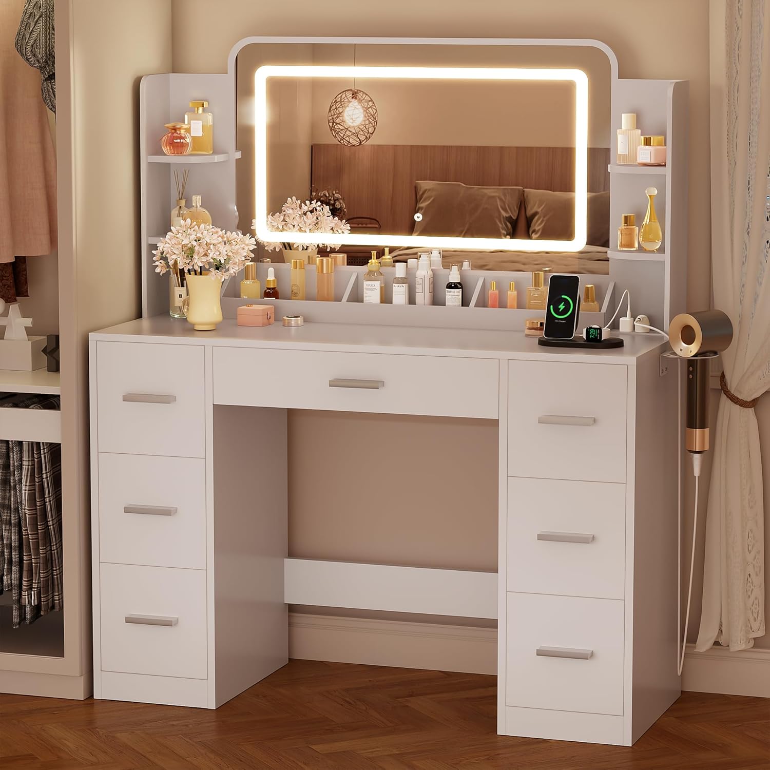 43.3ft' Vanity Desk with LED Mirror & Power Outlet for Makeup