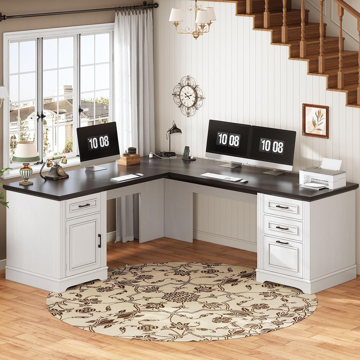 SEDETA Farmhouse Executive L Shaped Desk - Organized Home Office