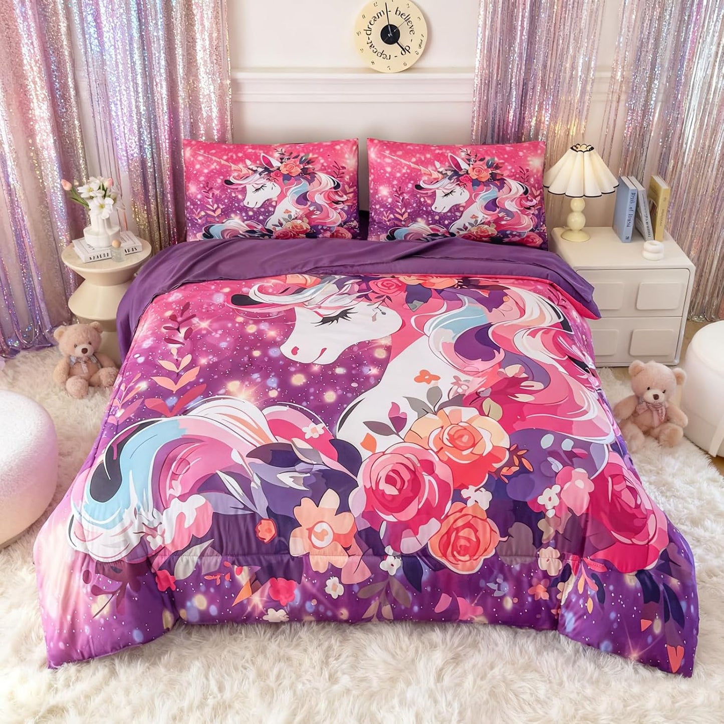 Peopleareok Unicorn Comforter Set Queen for Girls, 5-Piece