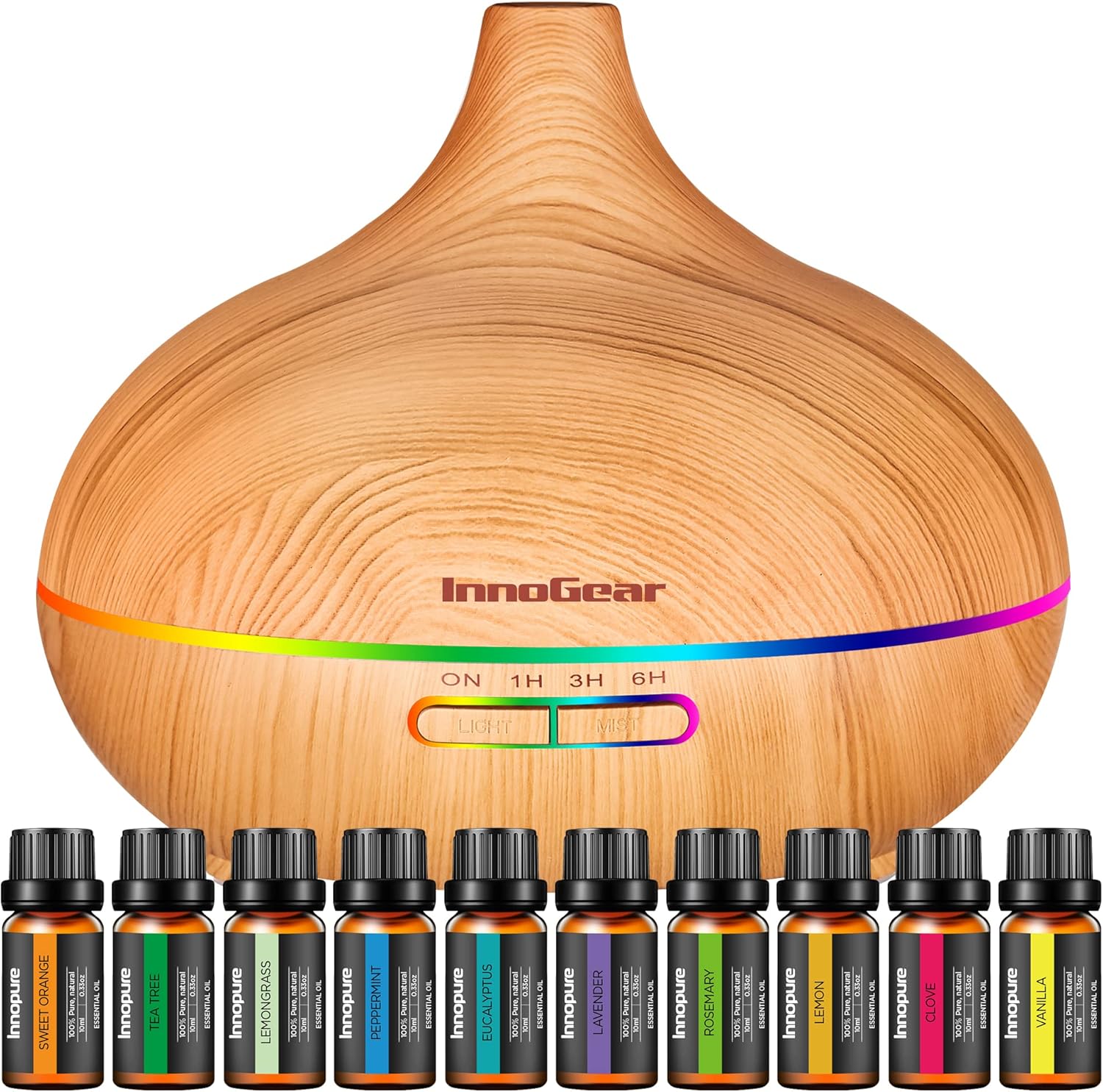 InnoGear 10 Essential Oils Set & Ultrasonic Diffuser - Relax & Revitalize