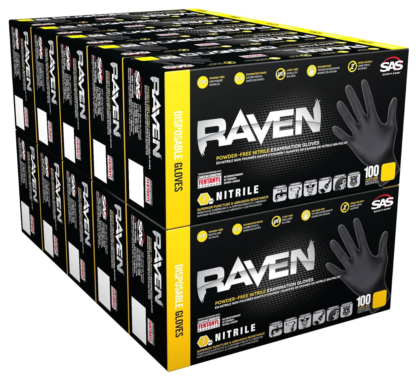 SAS 10 Pack 66519 Raven 6 mil Black Nitrile Disposable Gloves