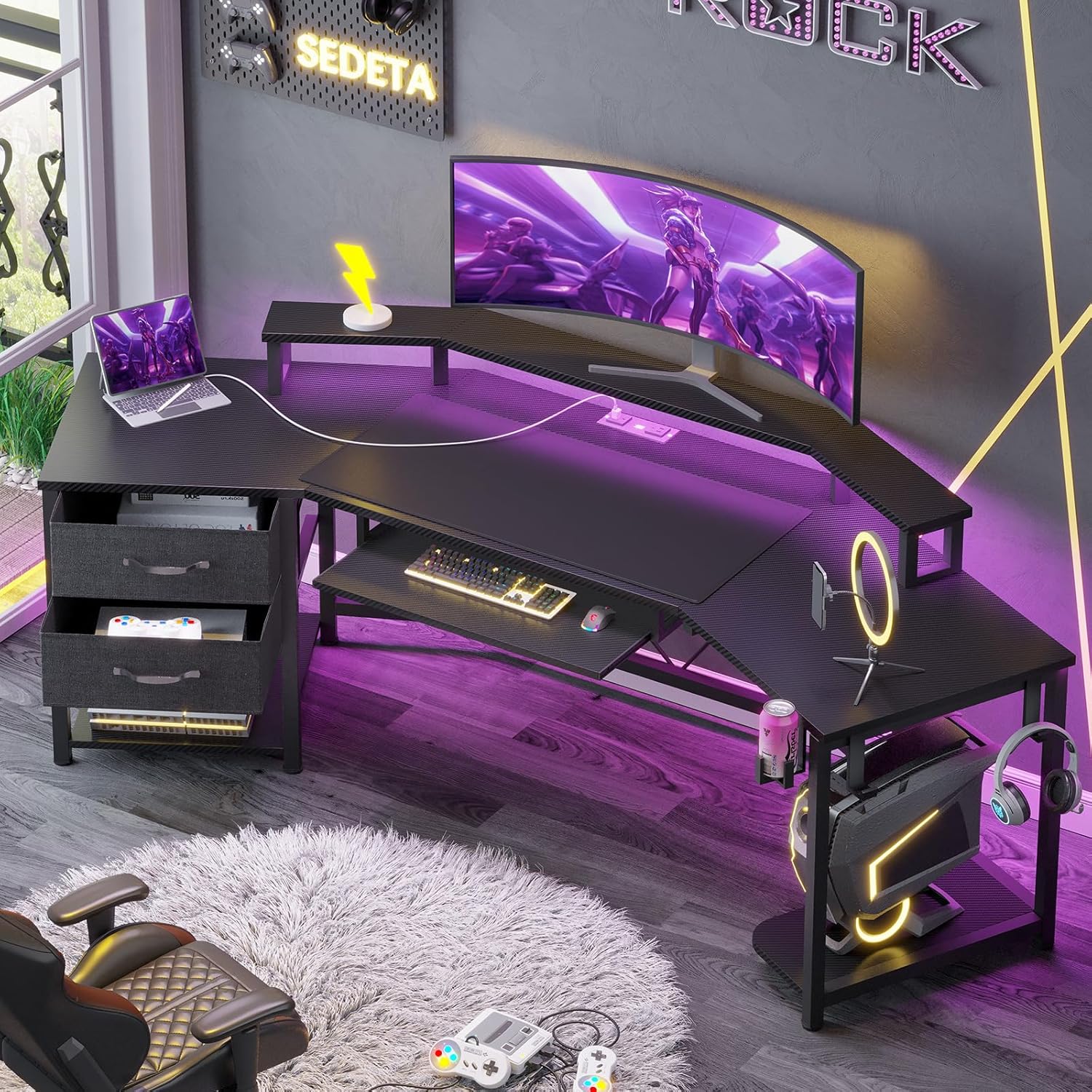 SEDETA 79 Gaming Desk with LED Light & Storage