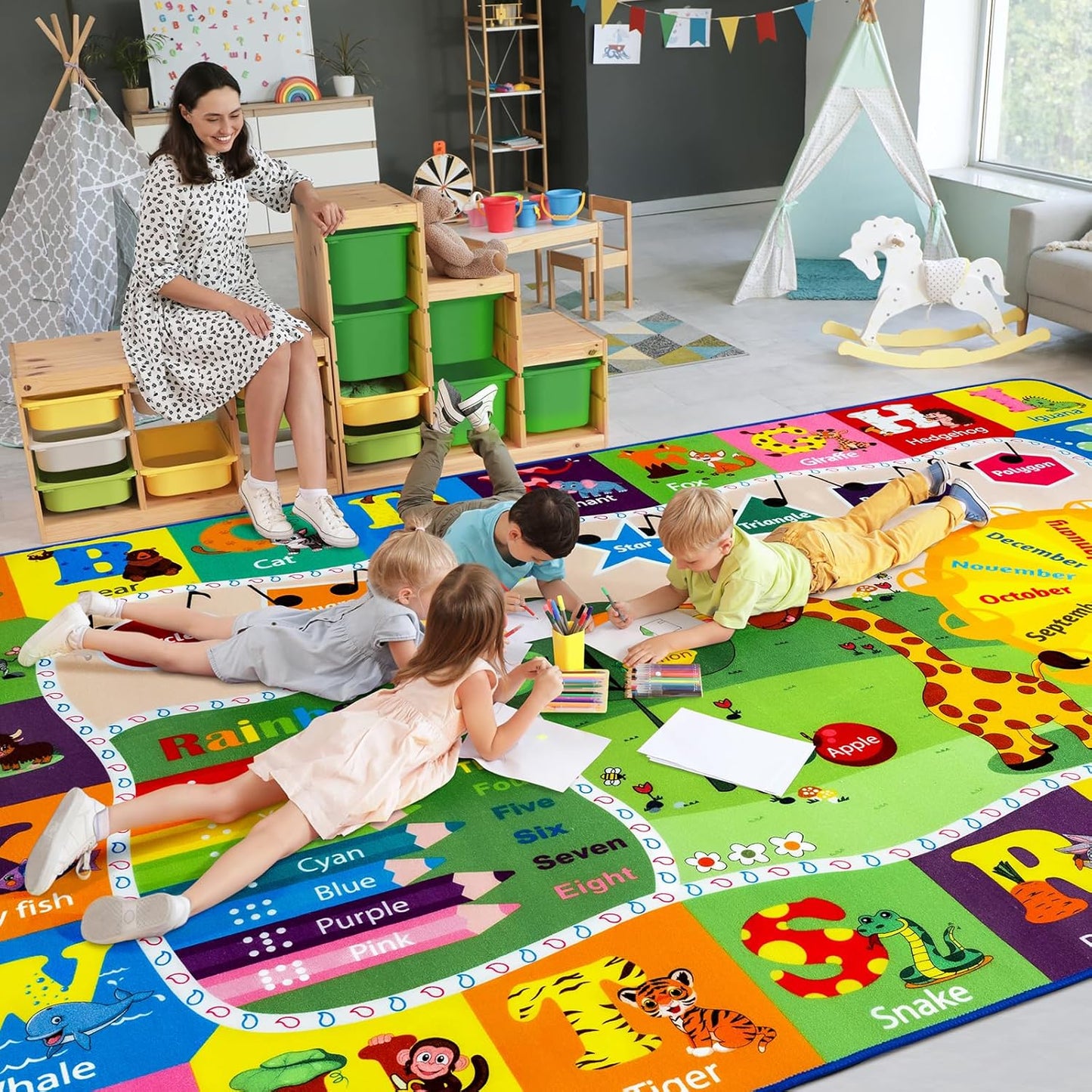 7x10 Playroom Rugs for Kids - Educational Fun Non-Slip Mat