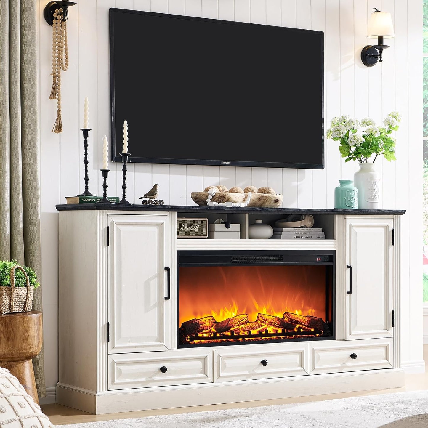 Farmhouse Fireplace TV Stand: Cozy 36'' Electric Fire, Gigantic Storage!
