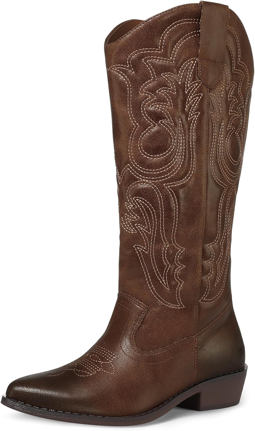 mysoft Women's Cowboy Boots Mid Calf Embroidered Chunky Heel