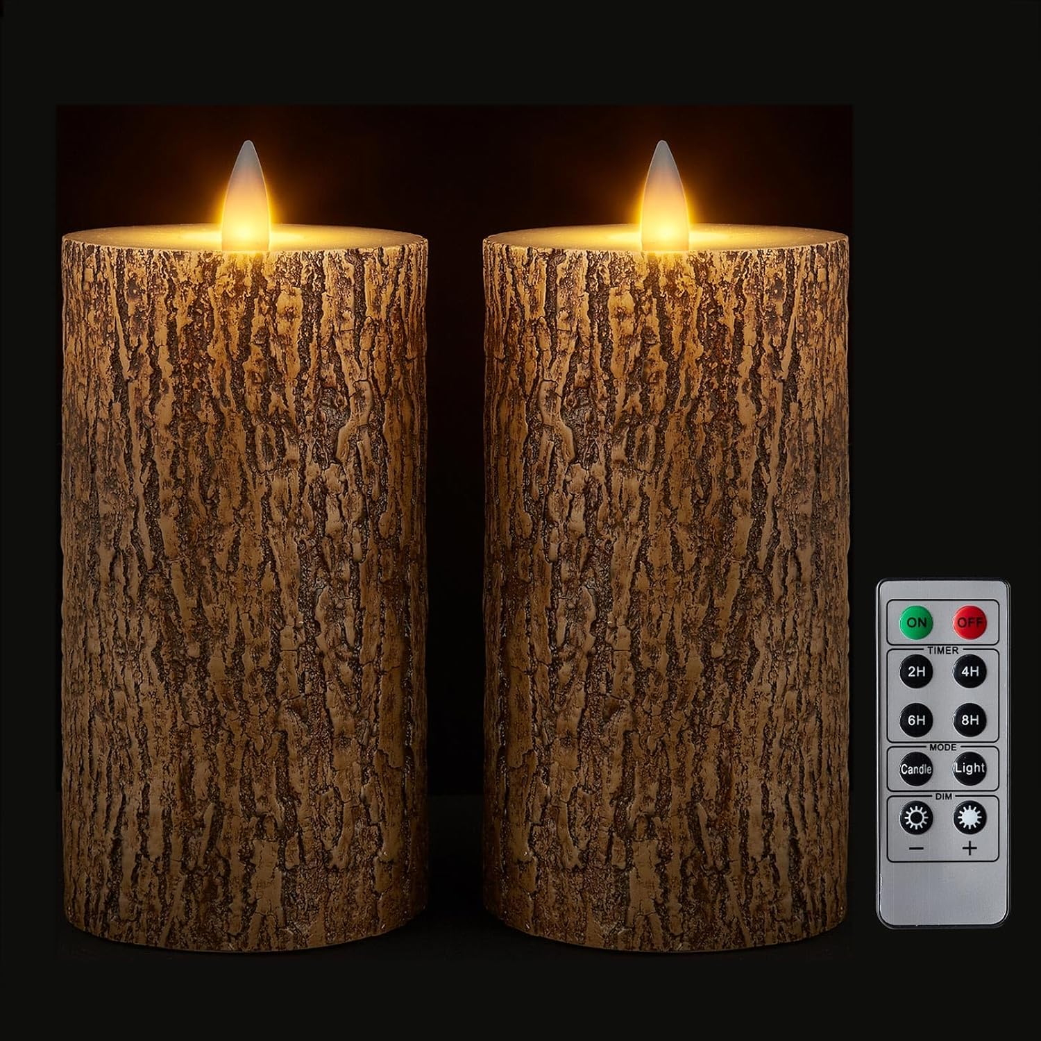 Brown Bark Wax Flameless Pillar Candles with Remote Timer