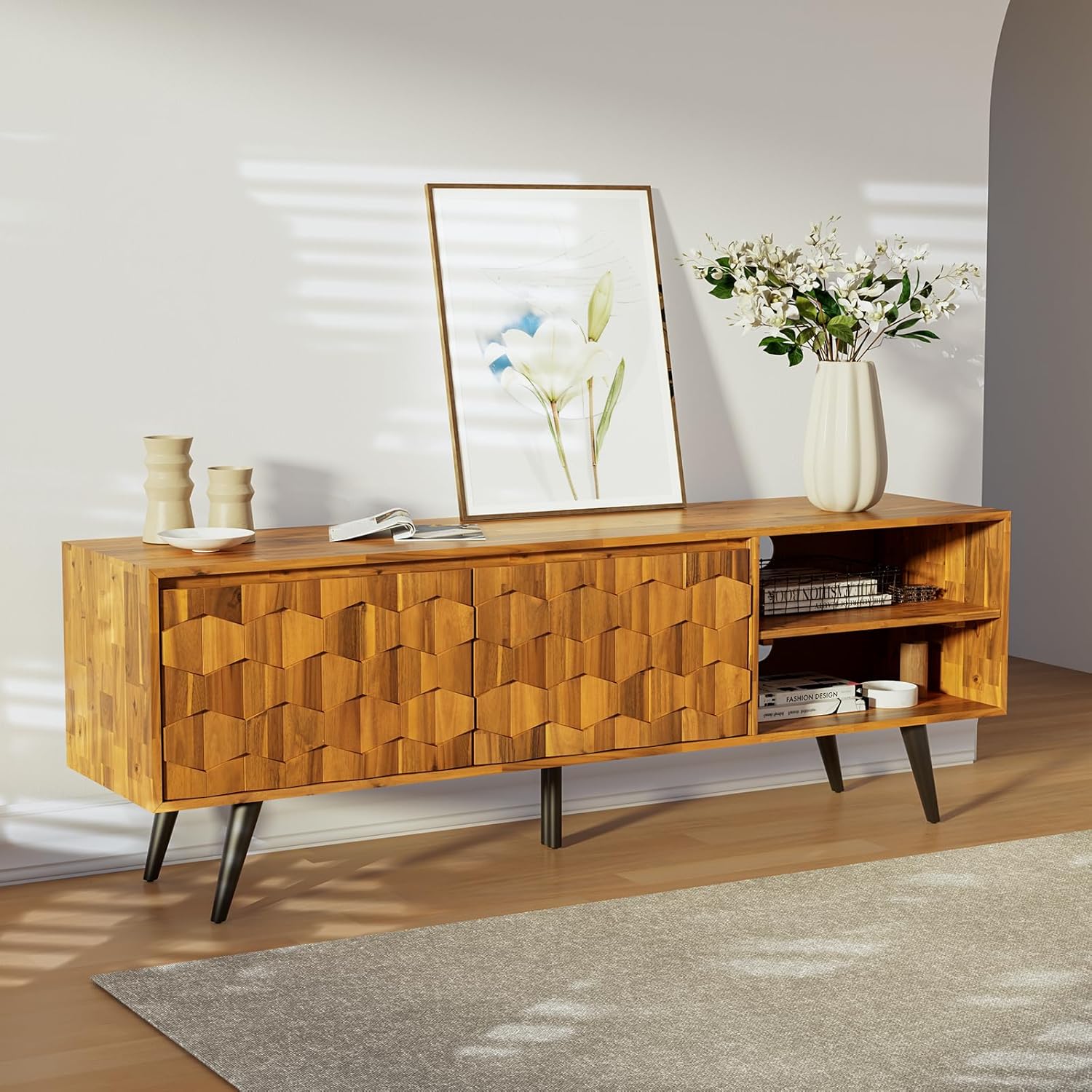 Quick Assembly Teak Brown TV Stand - Elegant Geometric Console