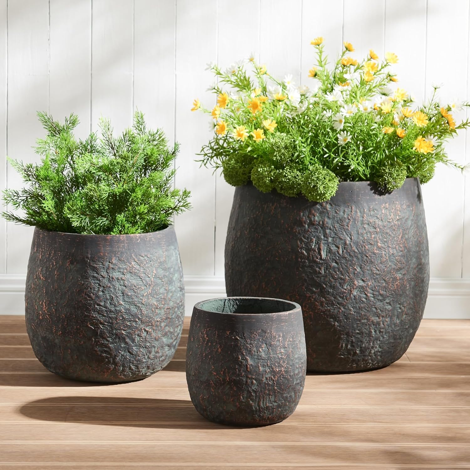Large Outdoor Planter Set of 3 - Weathered Concrete Flower Pots