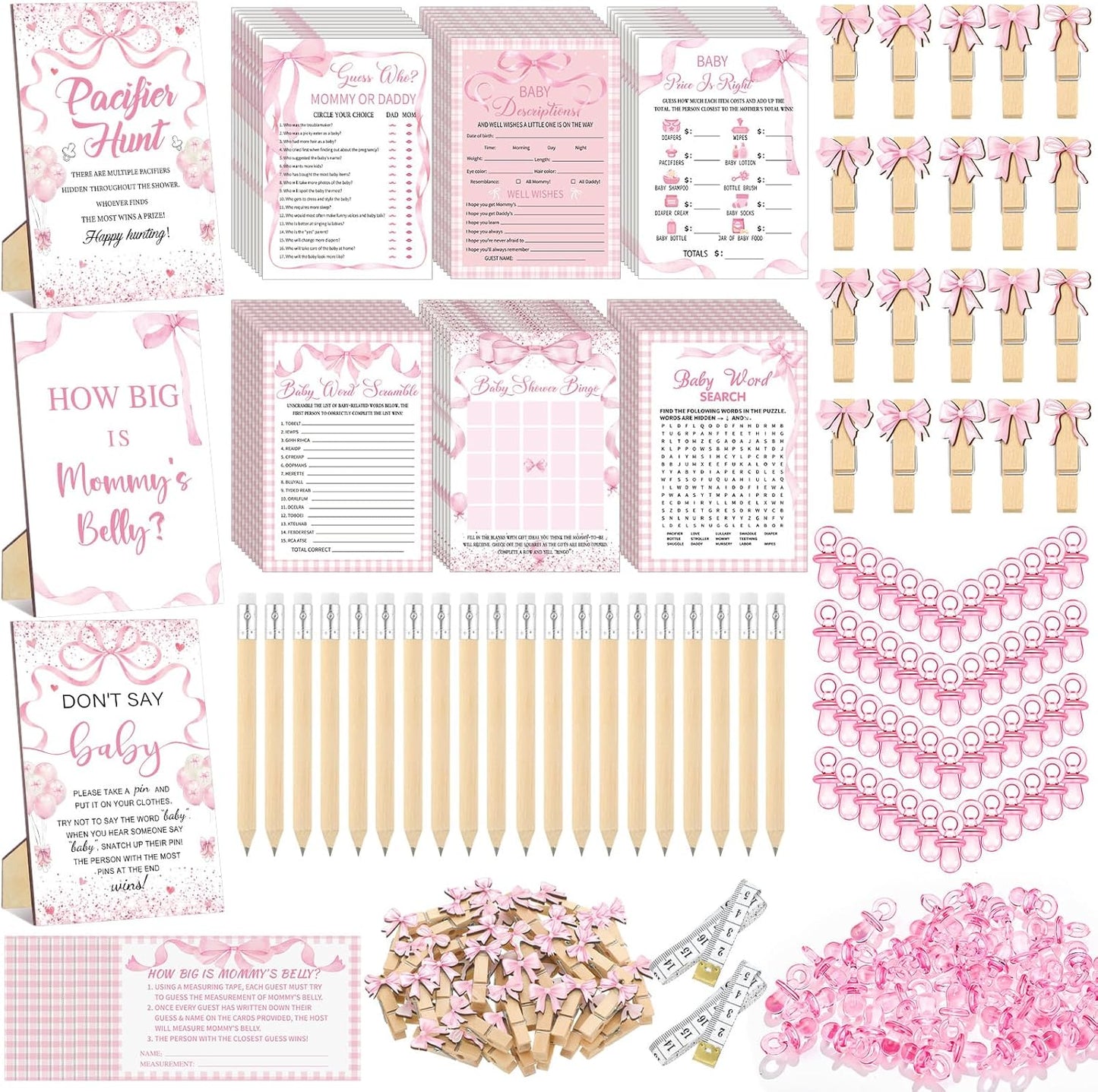 Pink Bow Coquette Baby Shower Games Set for Fun Activities