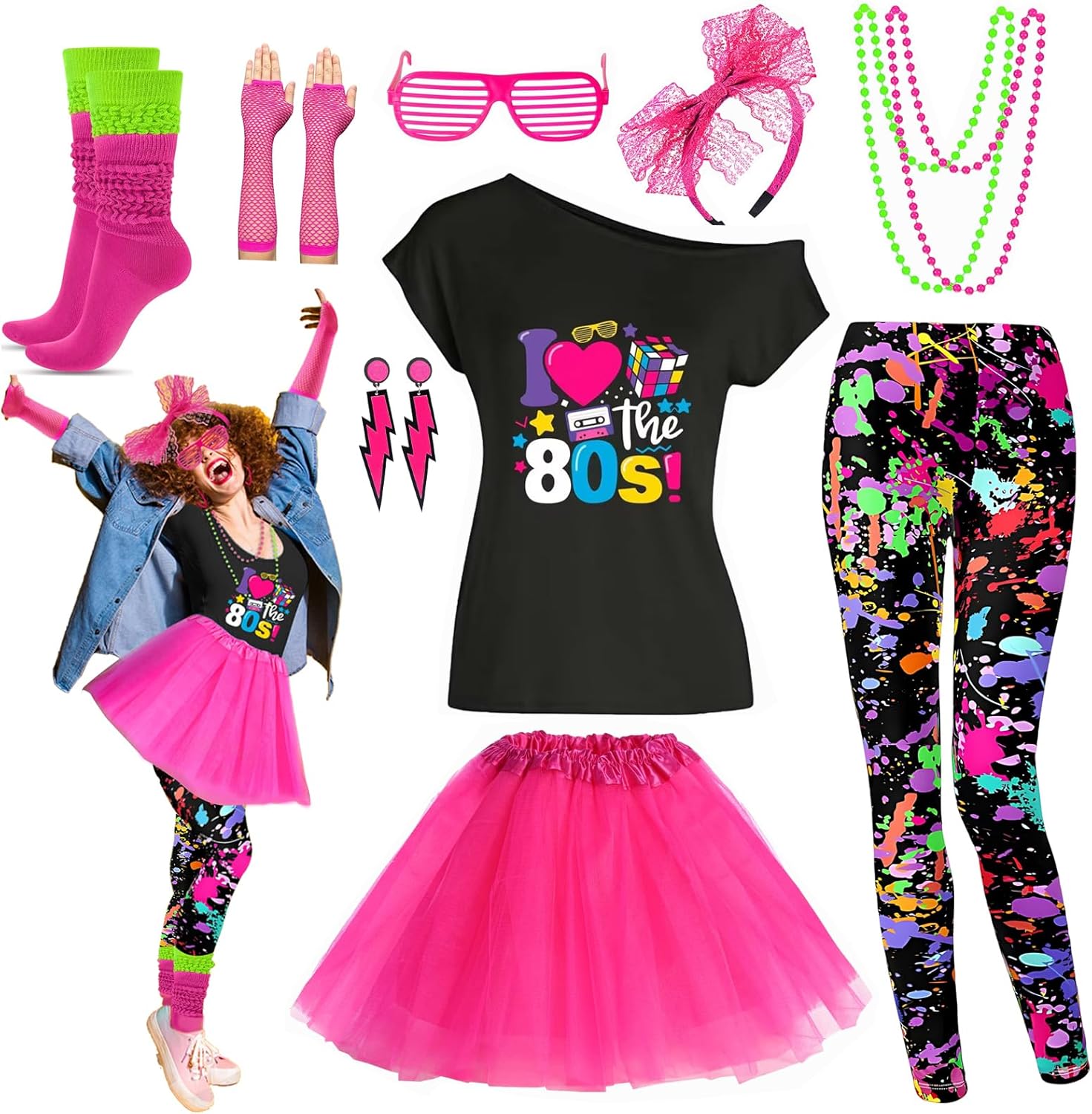 80s Outfit Women Costume Accessories Set for Retro Parties