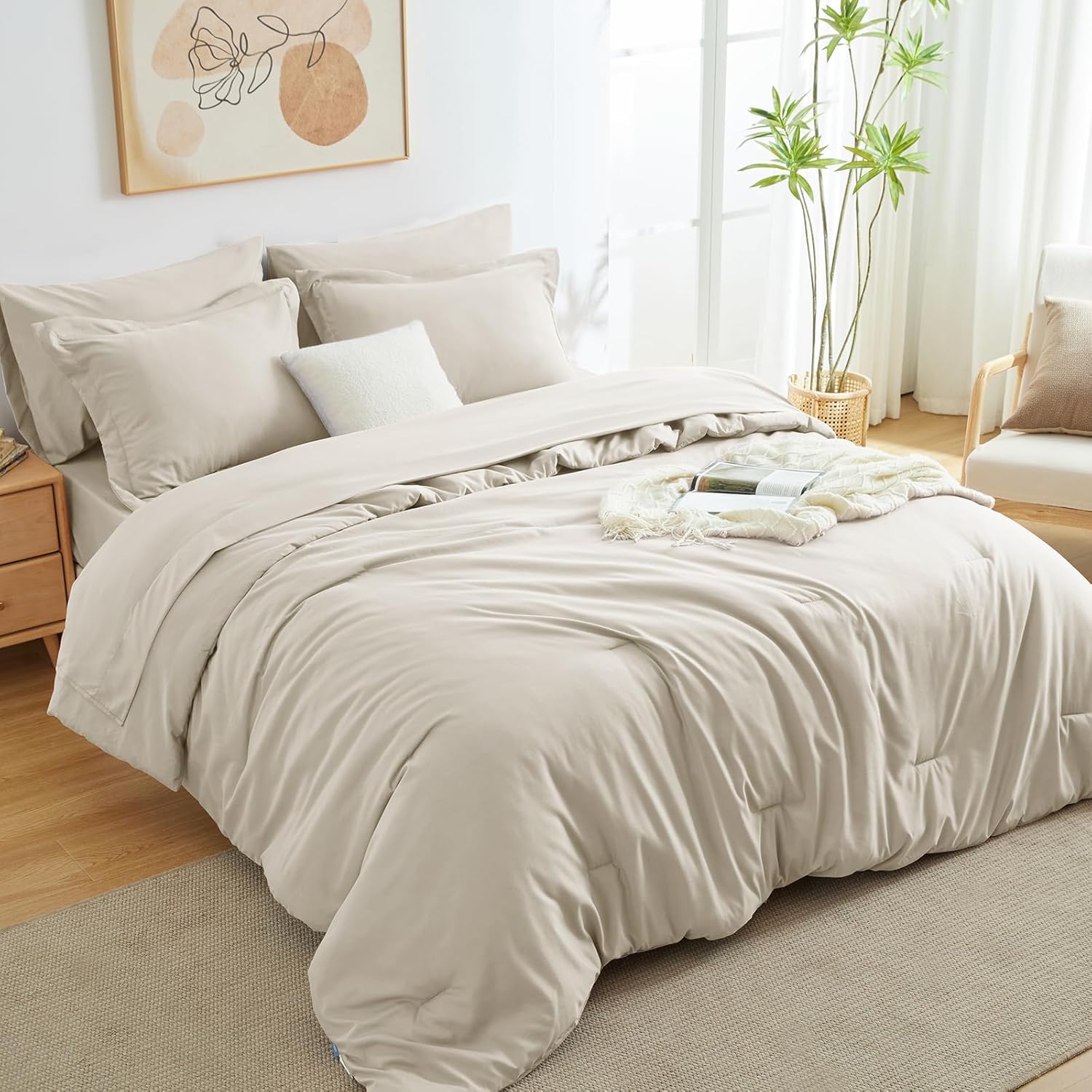 Full Size Comforter Sets - 7 Pieces Beige Bed in a Bag