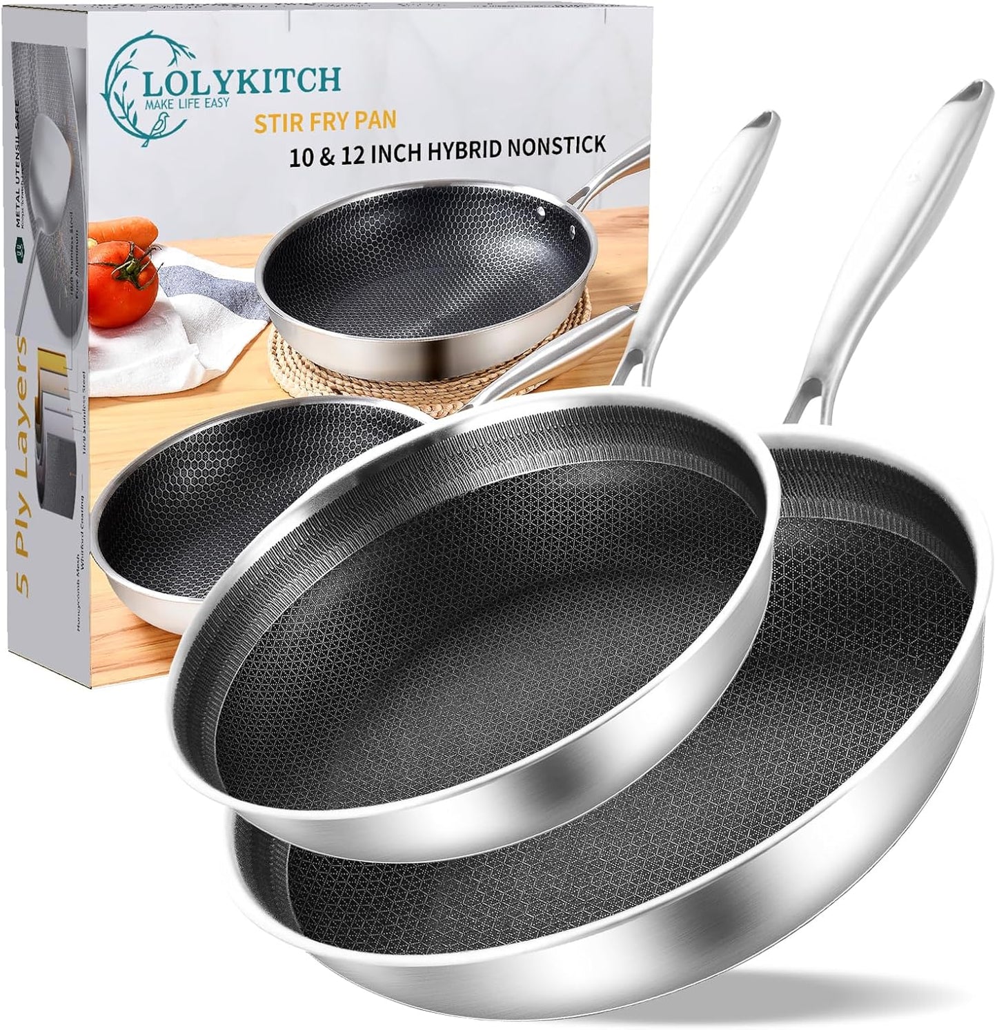LOLKYITCH 10-12 Inch Hybrid Tri-Ply Nonstick Frying Pan Set