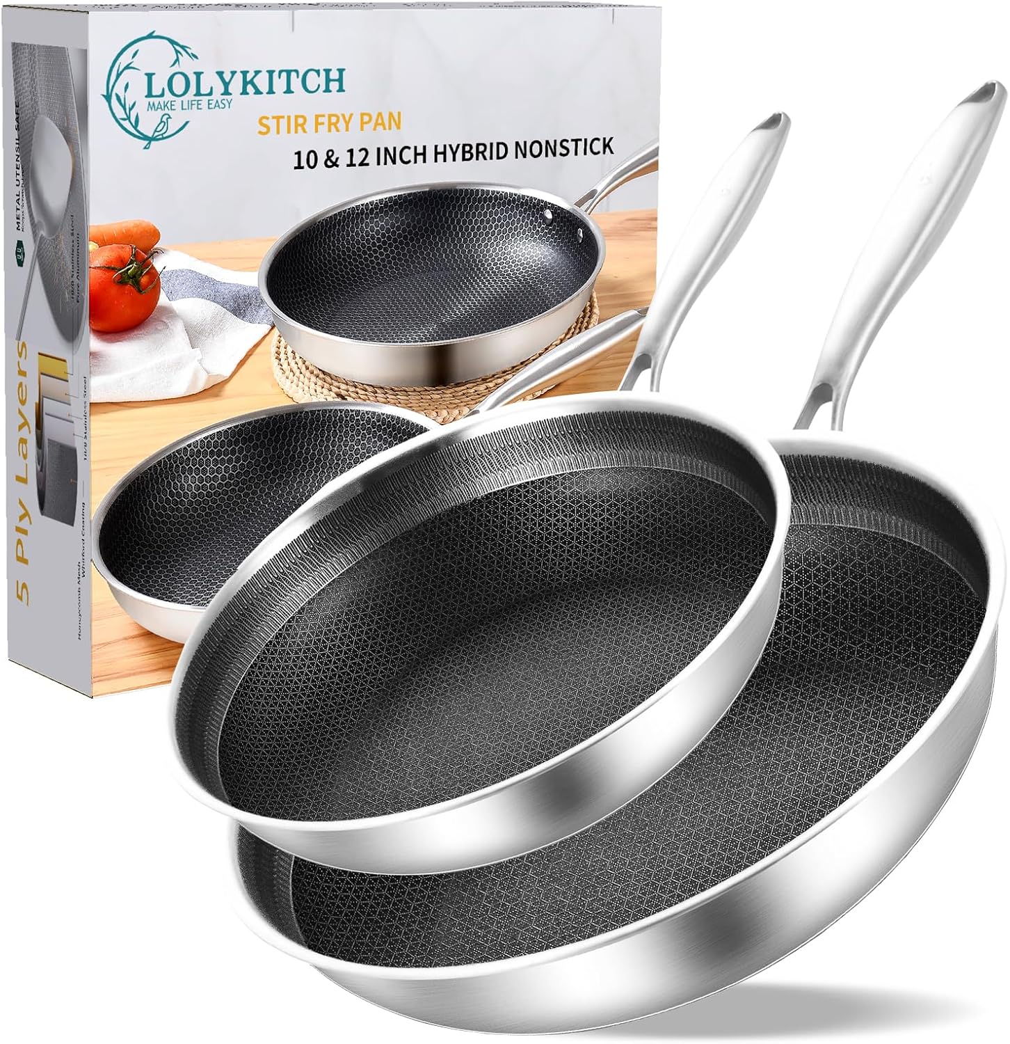 LOLKYITCH 10-12 Inch Hybrid Tri-Ply Nonstick Frying Pan Set