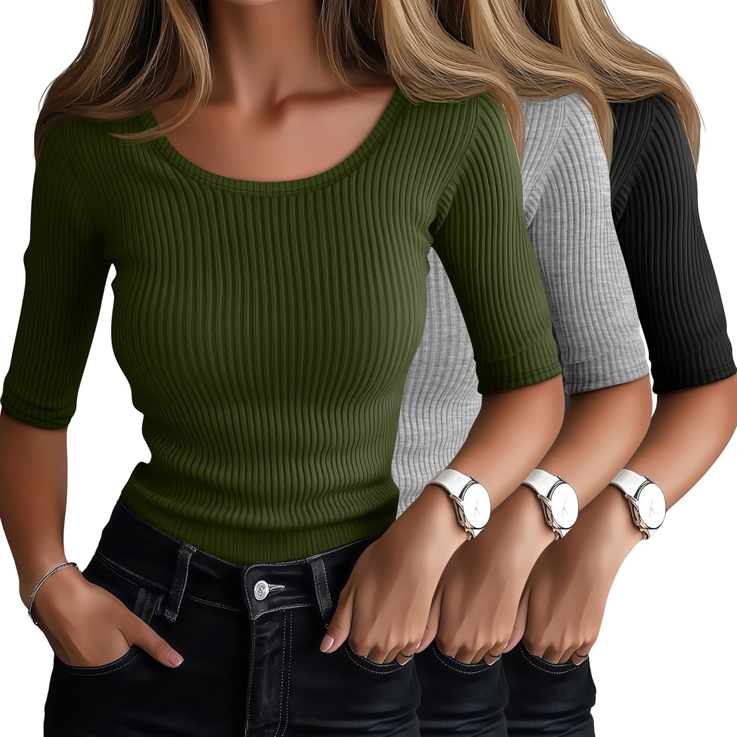 Ficerd 3 Pack Elbow Length Shirts for Women - Trendy Summer Tops