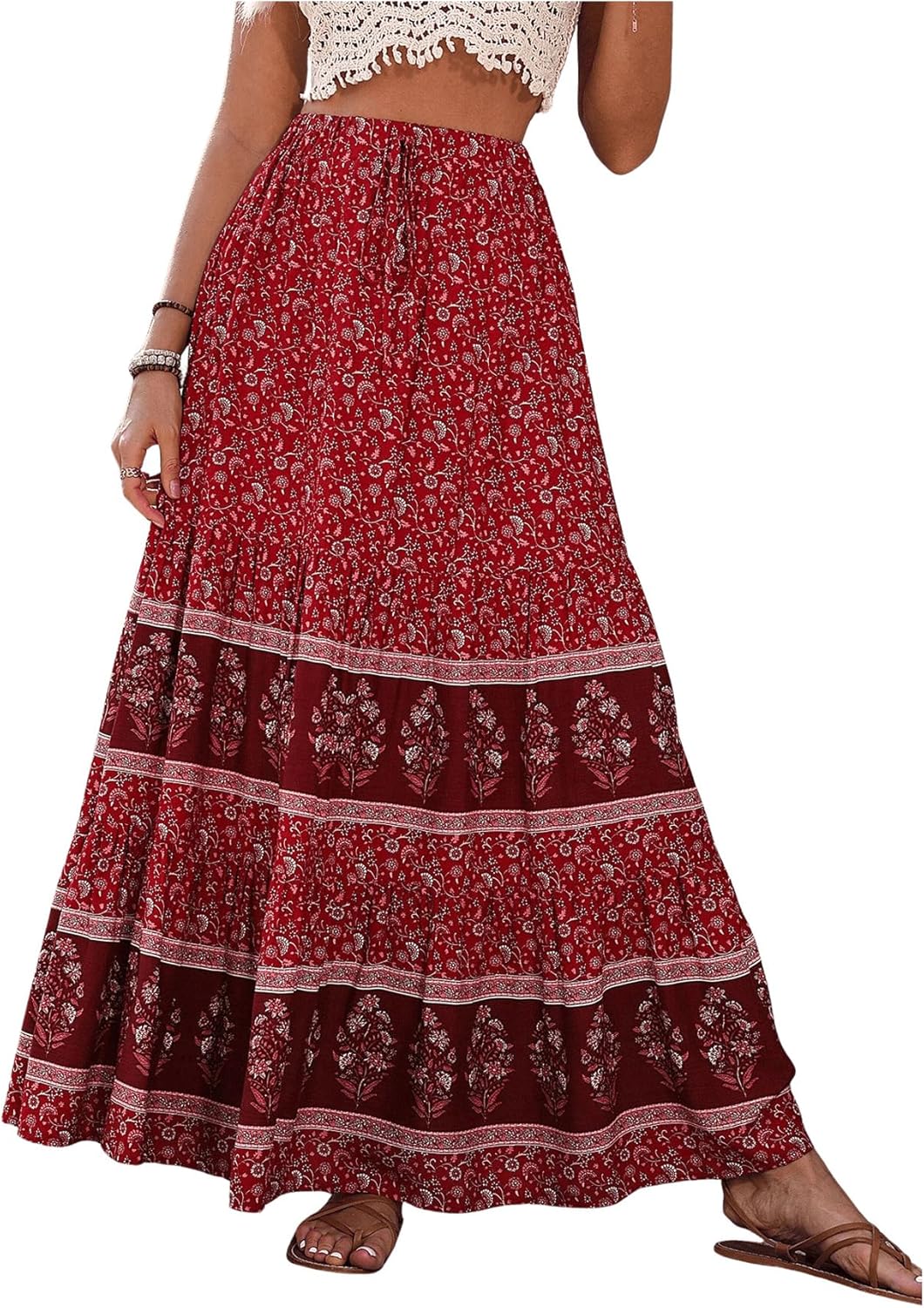 Verdusa Women's Boho Flared Ruffle Maxi Skirt for Summer Style