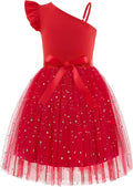 Girls One Shoulder Ruffle Tulle Dress with Detachable Belt - Summer