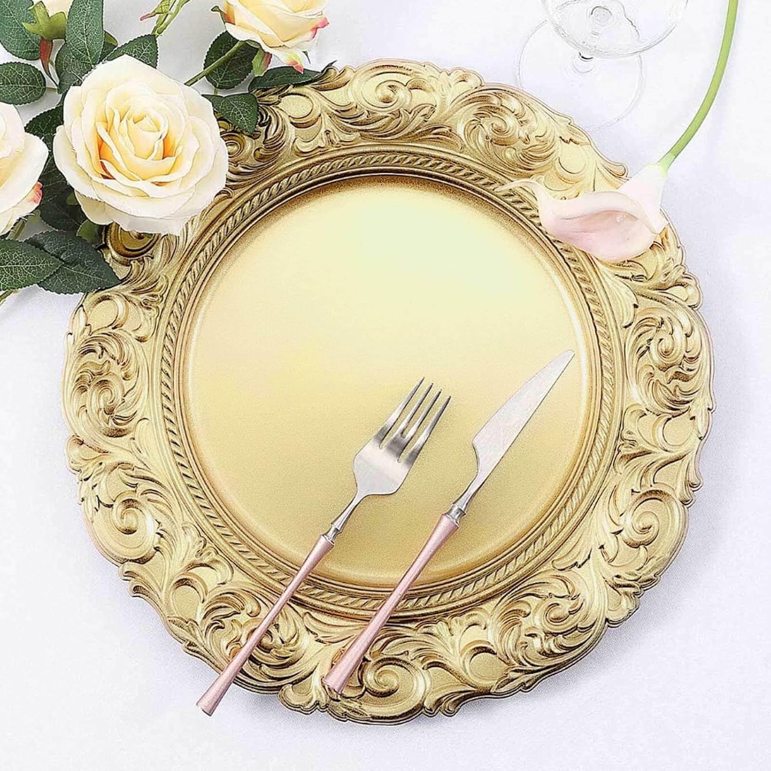 Enhance Event Decor with Gold Baroque Charger Plates