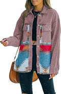 Aztec Denim Jacket Distressed Lapel Long Sleeve Shacket - Vintage Red