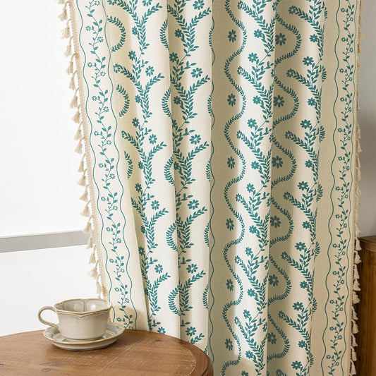 Beige and Teal Floral Boho Curtains for Modern Home Decor