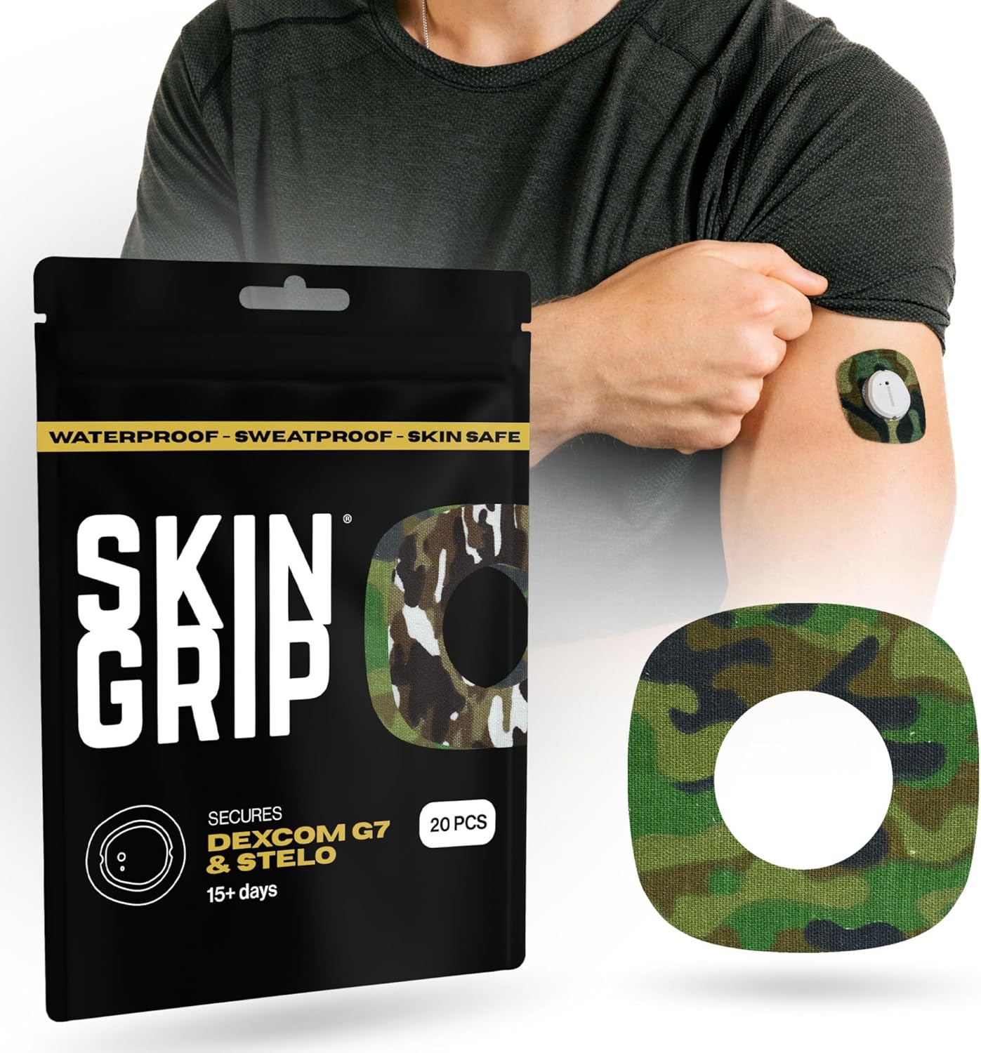 Skin Grip Adhesive Patches for Dexcom G7 & Stelo CGM - Camo