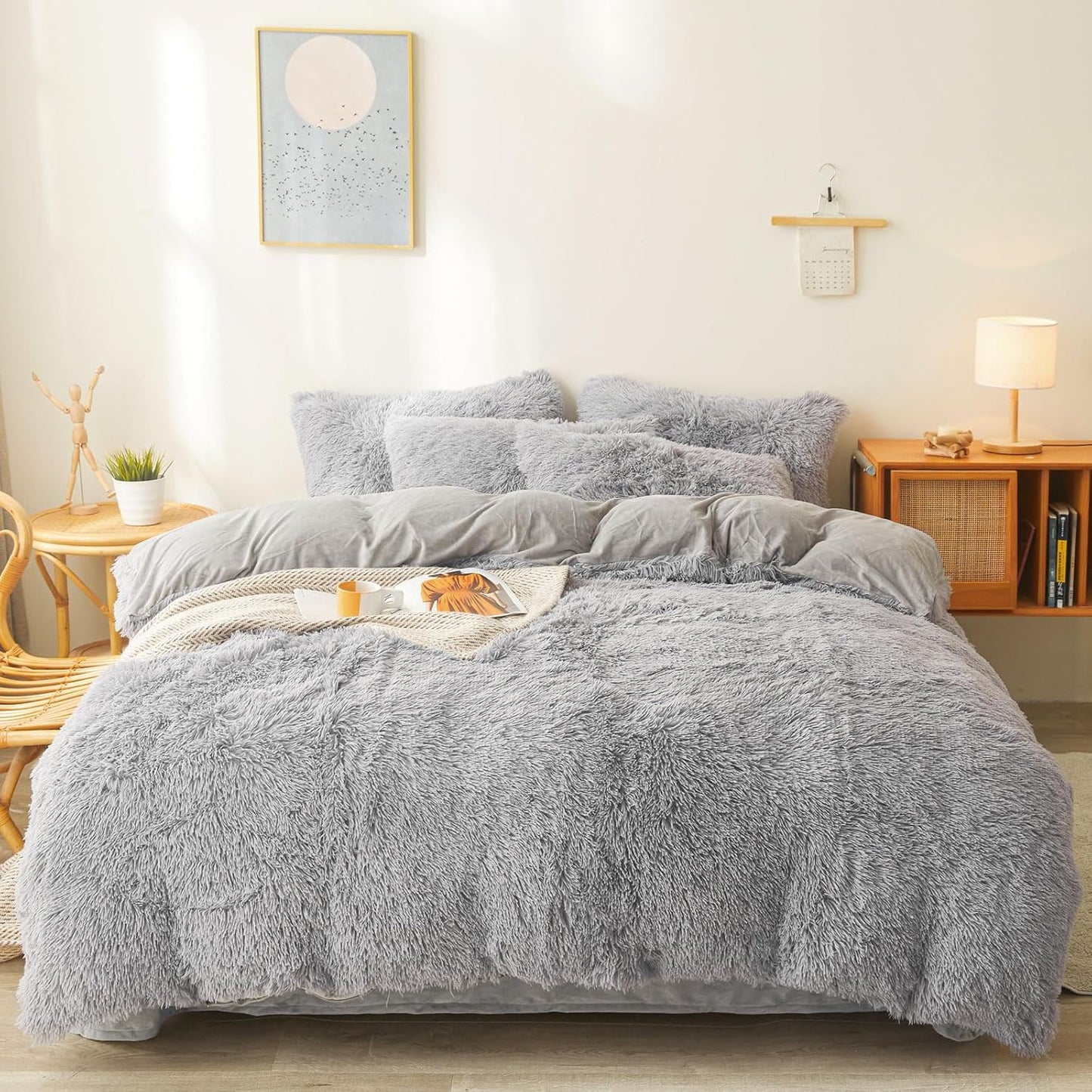 Fluffy Twin Comforter Set - Ultra Soft Plush Gray Bedding