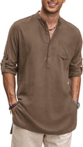 Mens Linen Henley Long Sleeve Kurta - Breathable Everyday Shirt