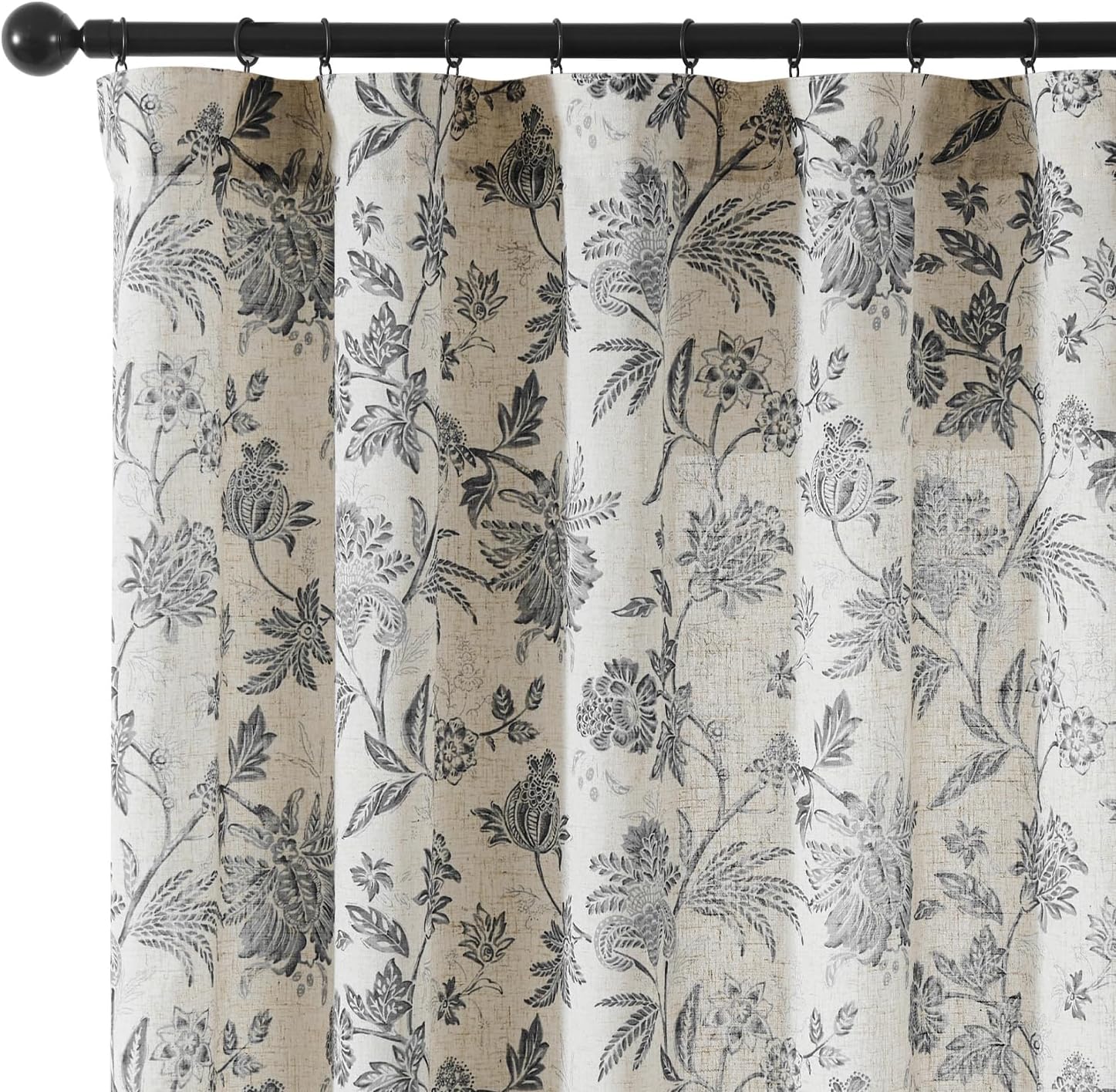 Vangao Linen Blend Black Floral Curtains for Light Filtering