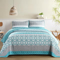 Boho Quilt Set King Size Teal Striped Patchwork - Lightweight Comfort