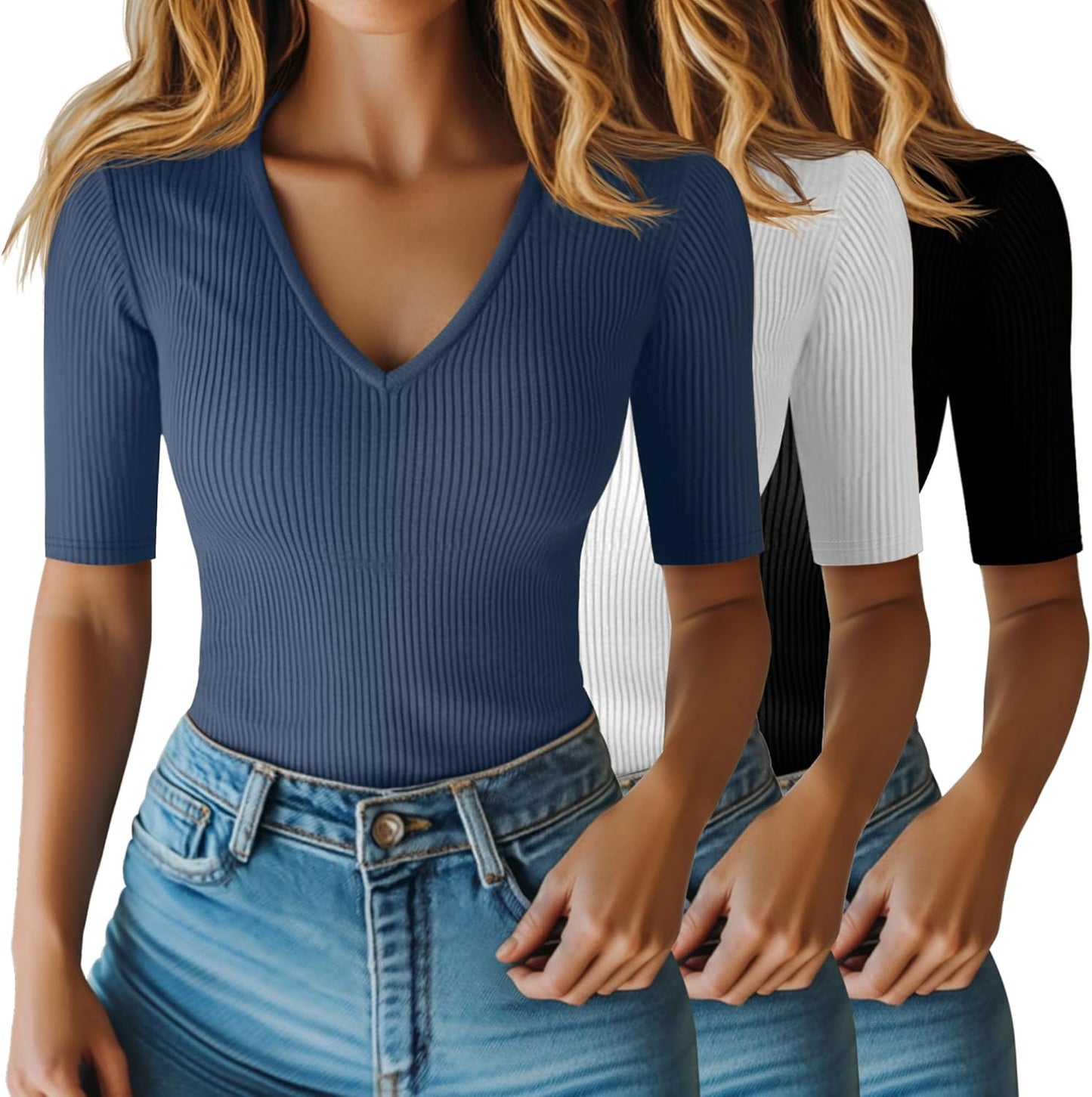 Riyiper Women's Half Sleeve Top V Neck Slim Fit Casual Blouse