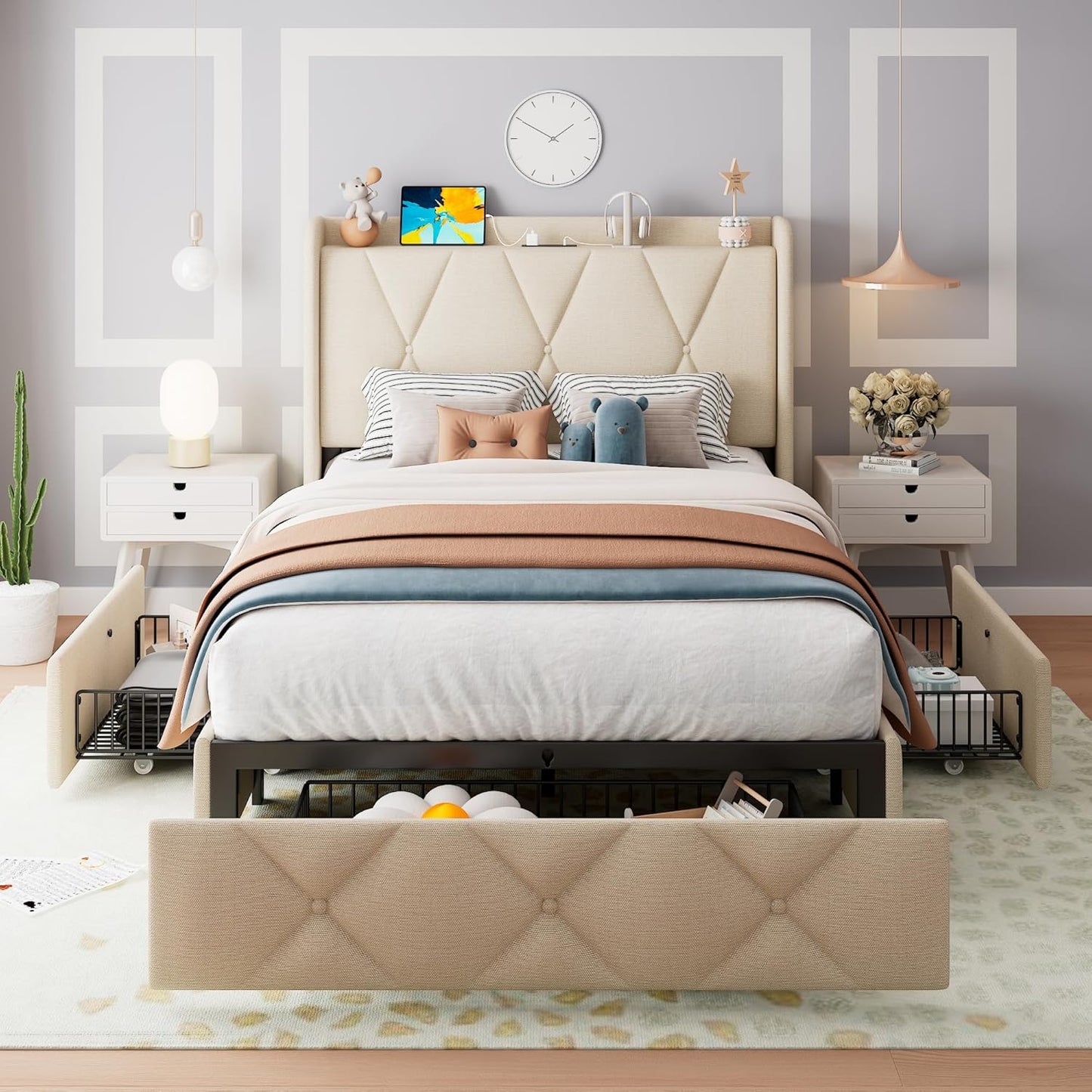 Feonase Twin Bed Frame with Storage Drawers and Charging Station