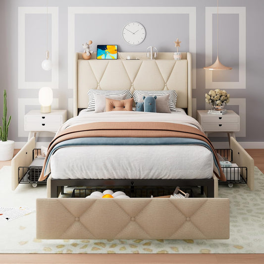 Feonase Twin Bed Frame with Storage Drawers and Charging Station