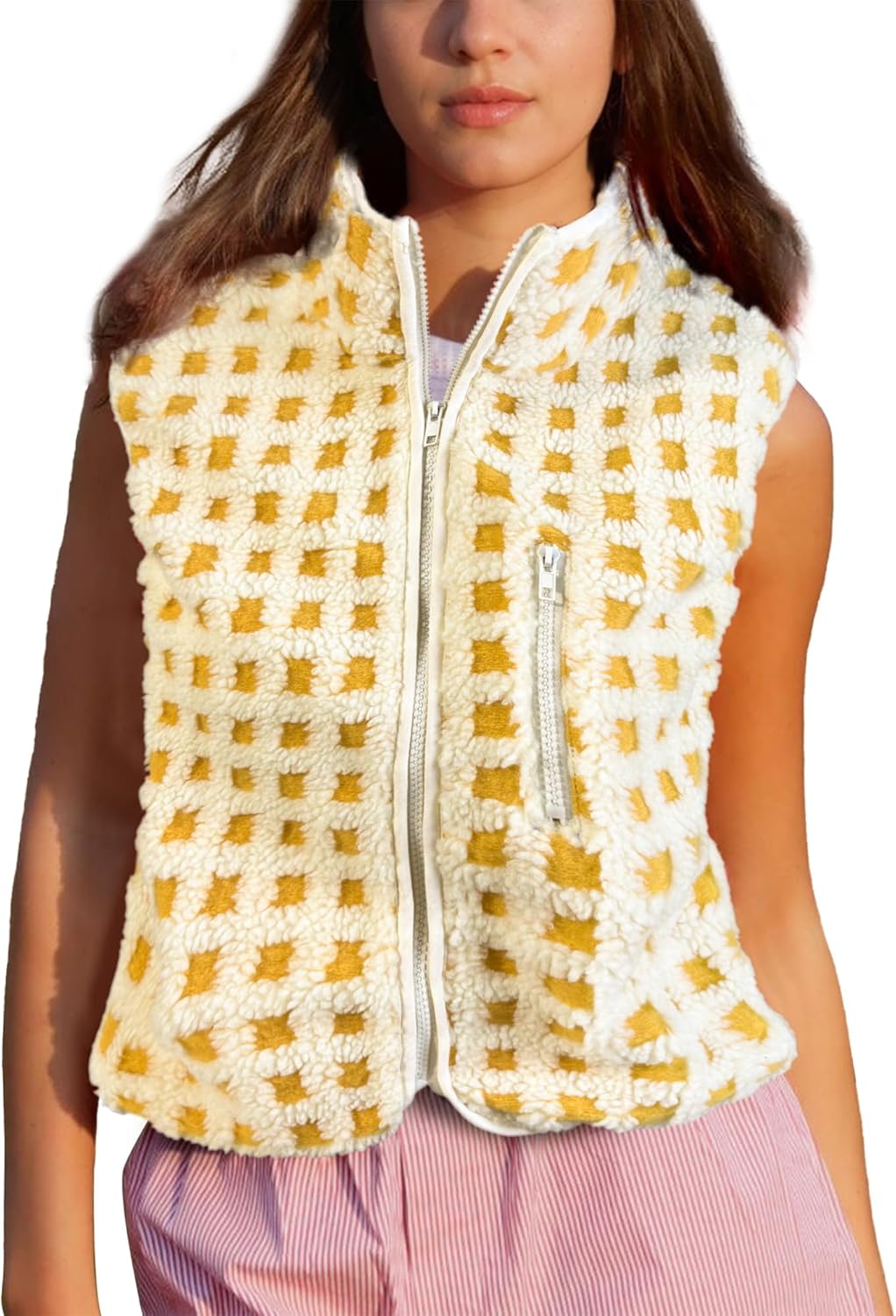 Colorful world Womens Checkered Sherpa Vest Fleece Jacket