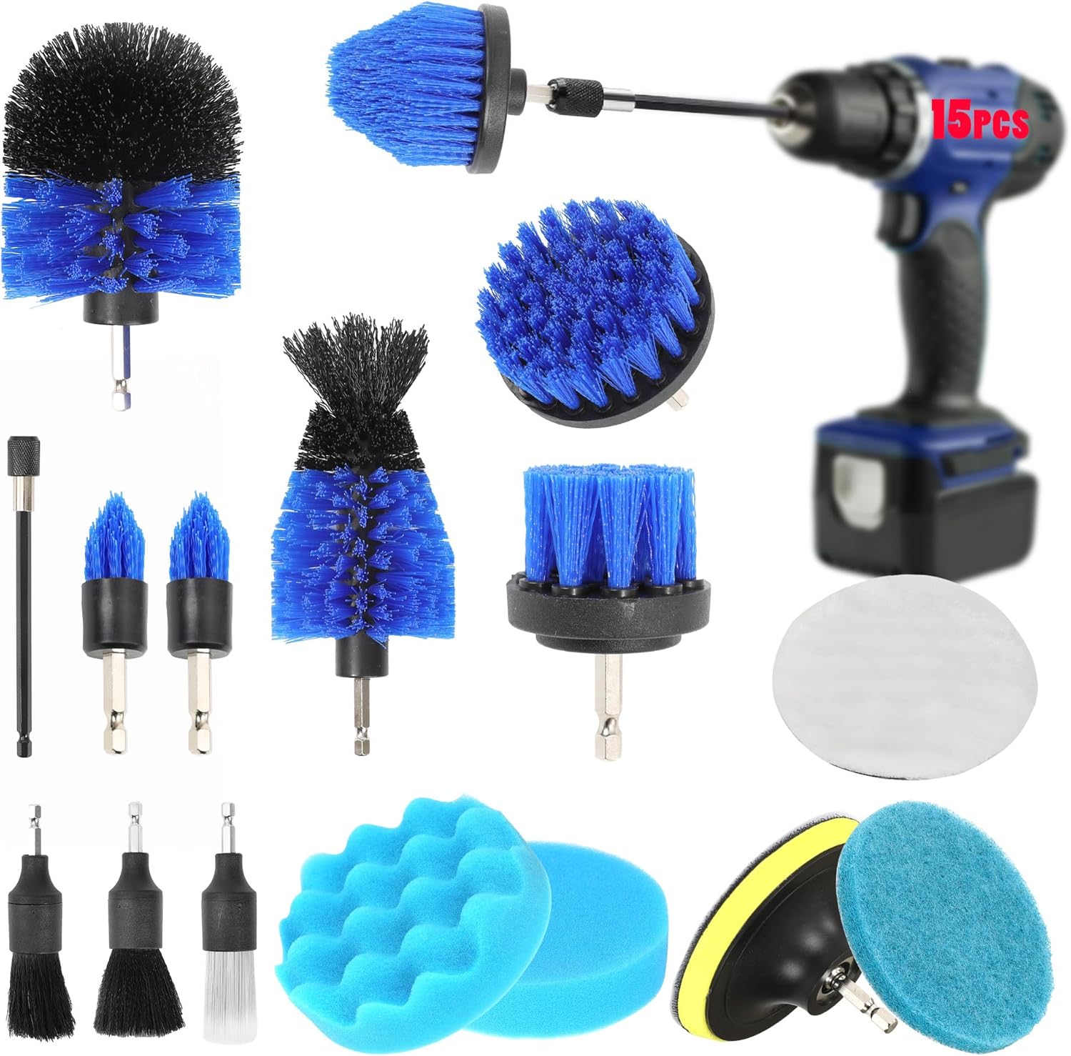 15-Pc Car Cleaning Kit with Blue Drill Brush Attachments