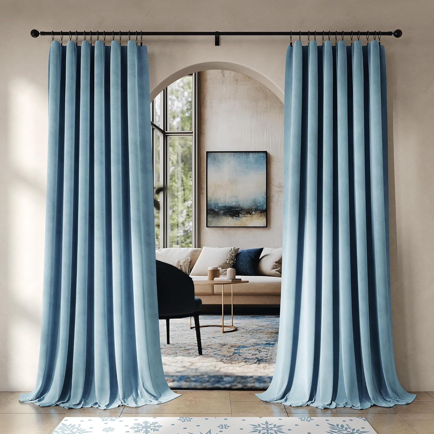Beauoop Lake Blue Velvet Curtains for Bedroom and Living Room