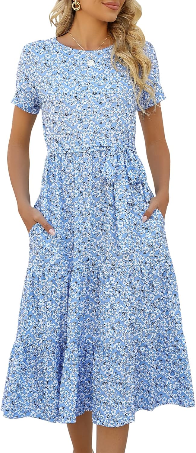 Lyrur Women's Casual Summer Tiered Midi Dress with Pockets