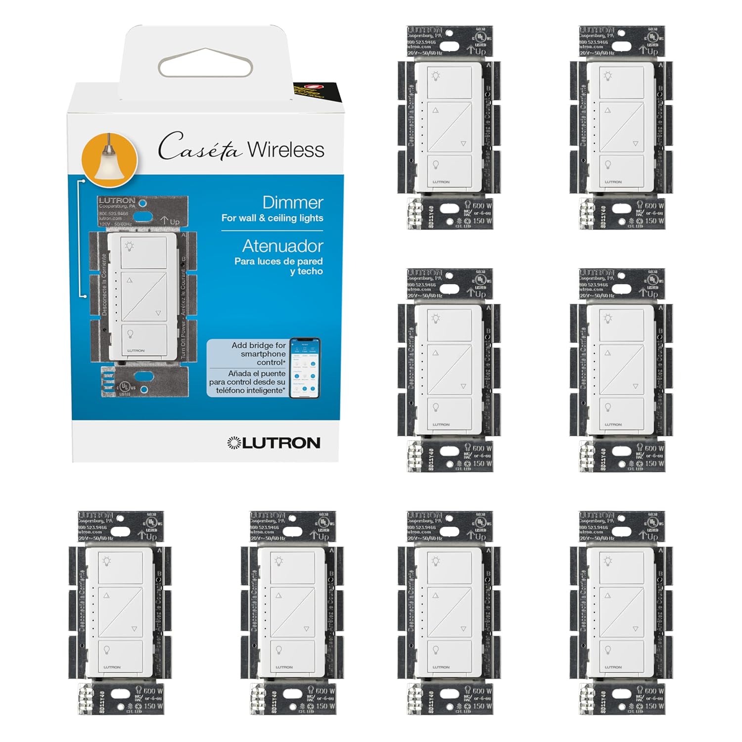 Lutron Caseta Smart Dimmer Switch for LED Lights, 8 Pack