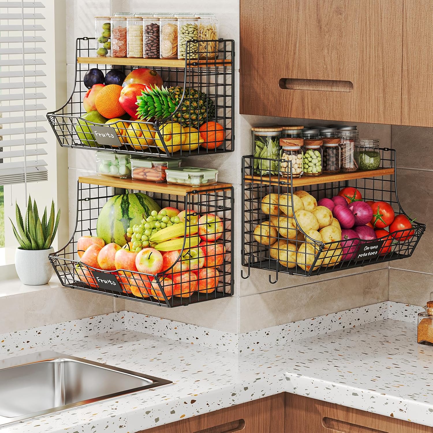 Extra Large Fruit Basket for Kitchen with Wood Lid Nameplate